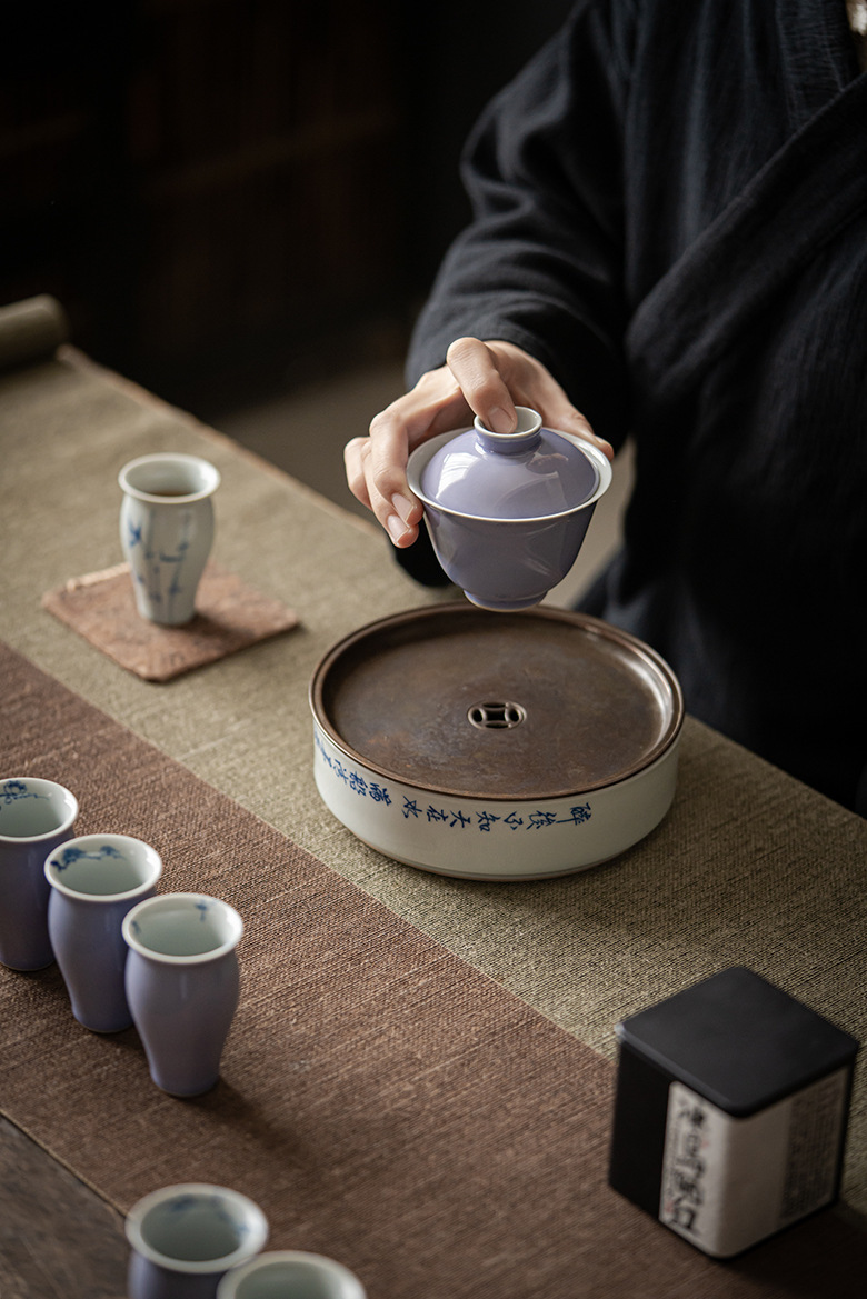 Ceramic Tea Tray with Chinese Poem Calligraphy, Kung Fu Tea Pot Holder Trivet