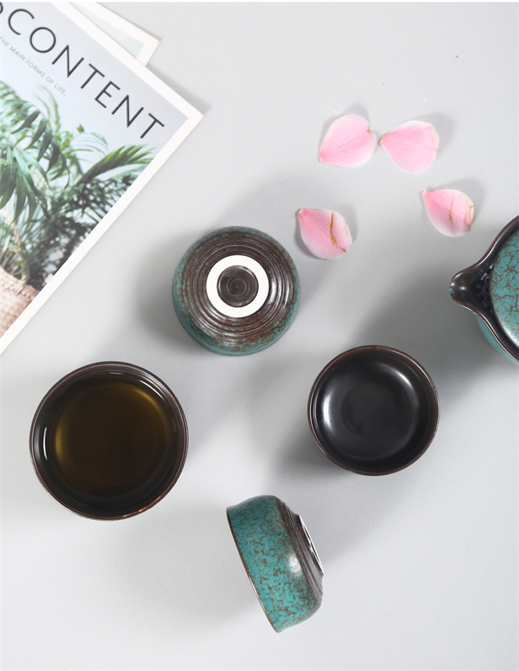 Bronze Green Ceramic Travel Tea Set, 1 Teapot+4 Cups