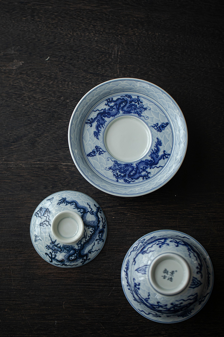Chinese Dragon Gaiwan Set, Blue and White Porcelain