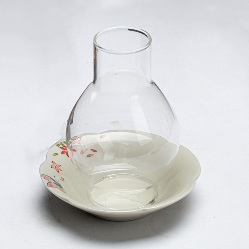 Japanese Style Tealight Candle Holder, Glass Shade+Porcelain Tray with Flower Pattern, Tea Room Decor