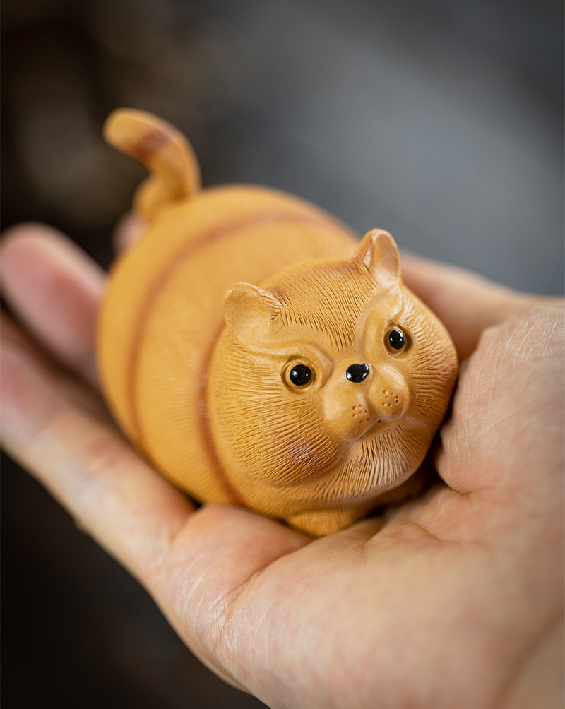 Cute Chubby Cat, Purple Clay Tea Pet, Black/Orange Kitty