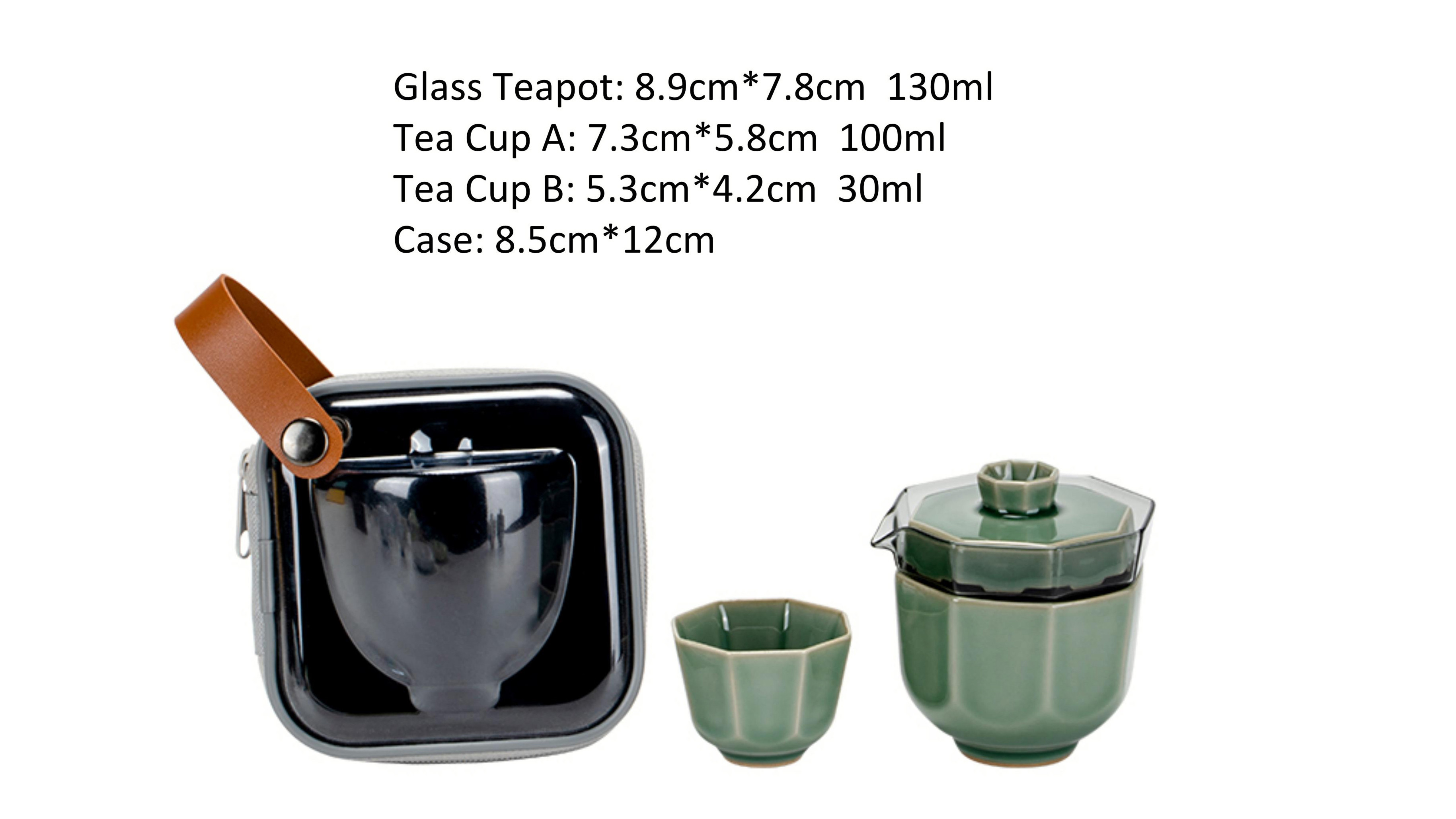 Marble Green Travel Tea Set, 1 Glass Teapot+2 Ceramic Cups