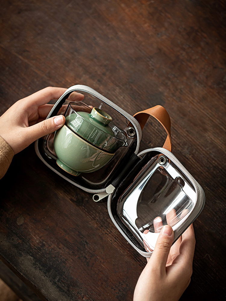 Marble Green Travel Tea Set, 1 Glass Teapot+ 1Ceramic Cup