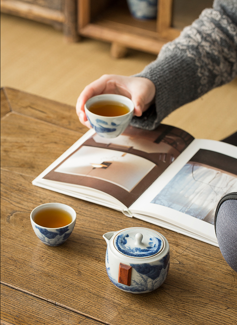 Blue and White Porcelain Travel Tea Set, 1 Teapot+2 Cups