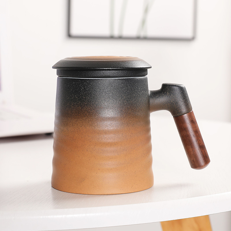 Japanese Style Tea Mug With Infuser 400ml, Bas-Relief Waves Pattern, 3 Colors Optional