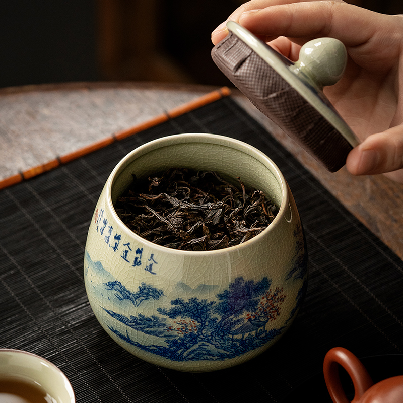 Tea Canister Landscape and Calligraphy 300ml, Blue and White Jingdezhen Pottery