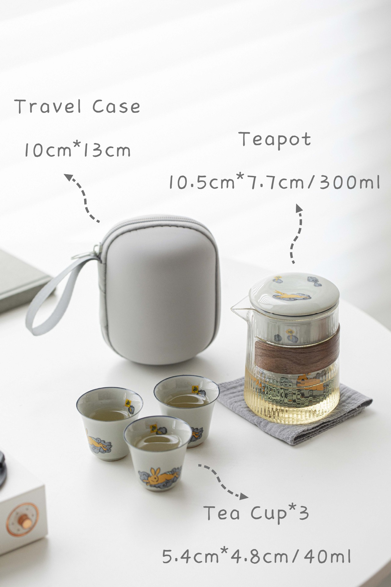 Golden Rabbit Travel Tea Set with Case, 1 Teapot+3 Cups 300ml