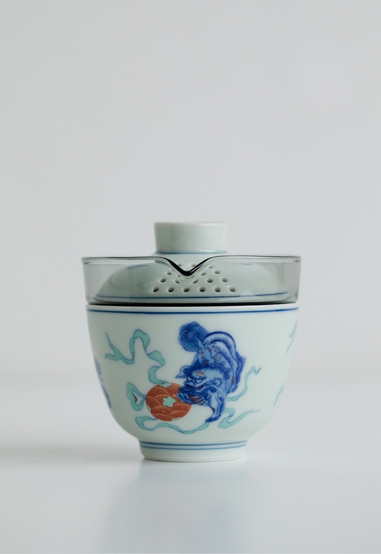 Lion/Dragon Pattern Travel Tea Set, 1 Glass Teapot+1 Ceramic Cup