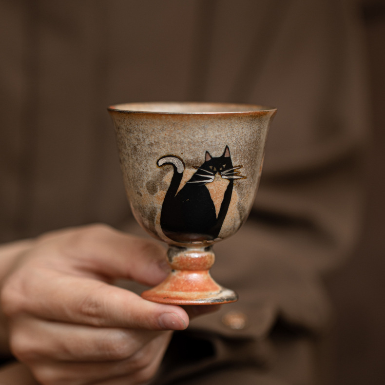 Japanese Shino Ware Style Black Cat Tea Cup
