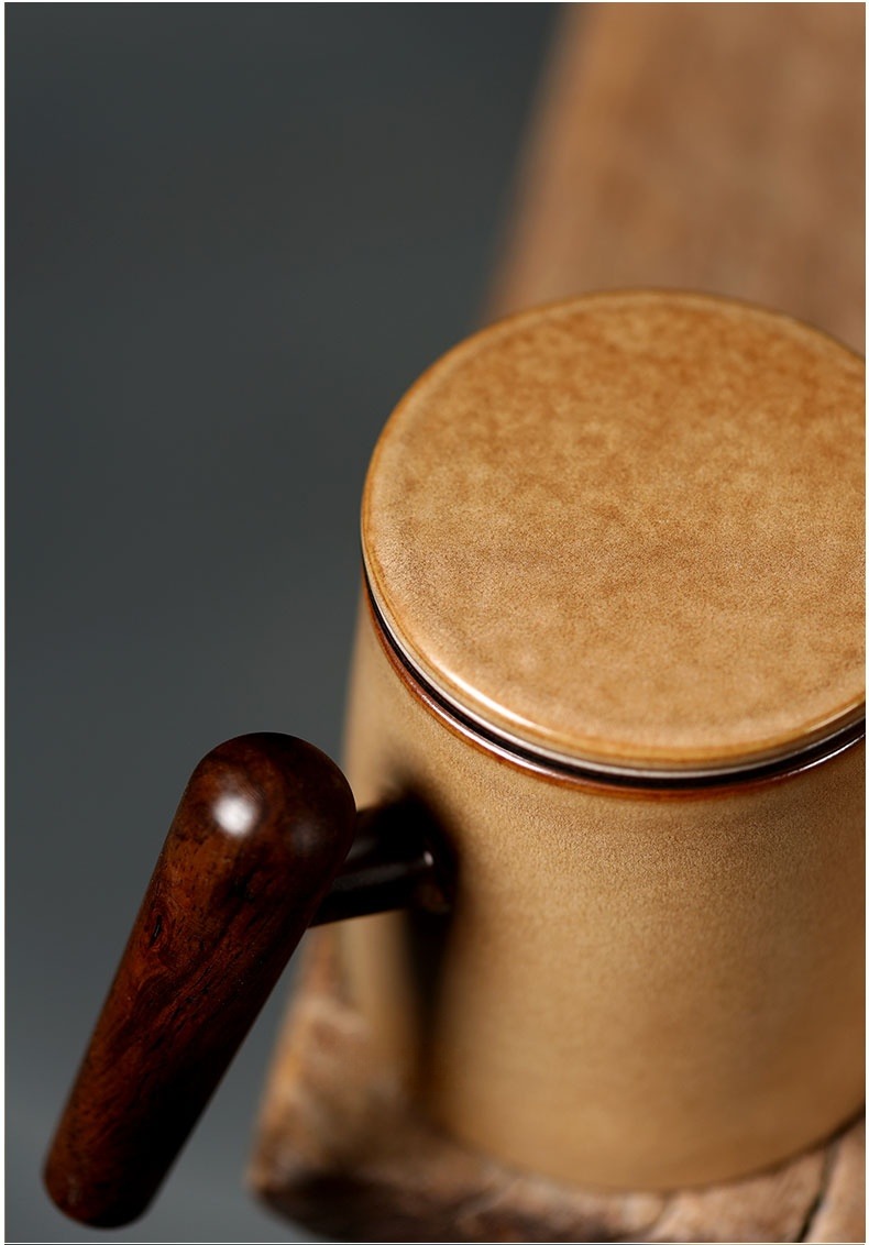 Ceramic Tea Mug with Infuser 260ml, Yellow Stoneware Mountain Pattern