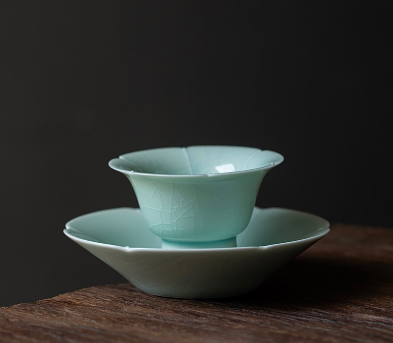 Ice Flower Tea Cup with Saucer 60ml, Misty Blue Ice Crackle Glaze, Chinese Kung Fu Tea Cup Set