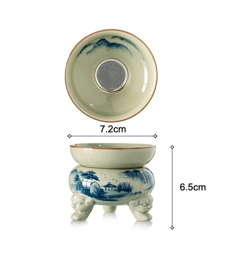 Landscape Strainer Set, Porcelain Stainer+Holder, Blue and White Jingdezhen Pottery