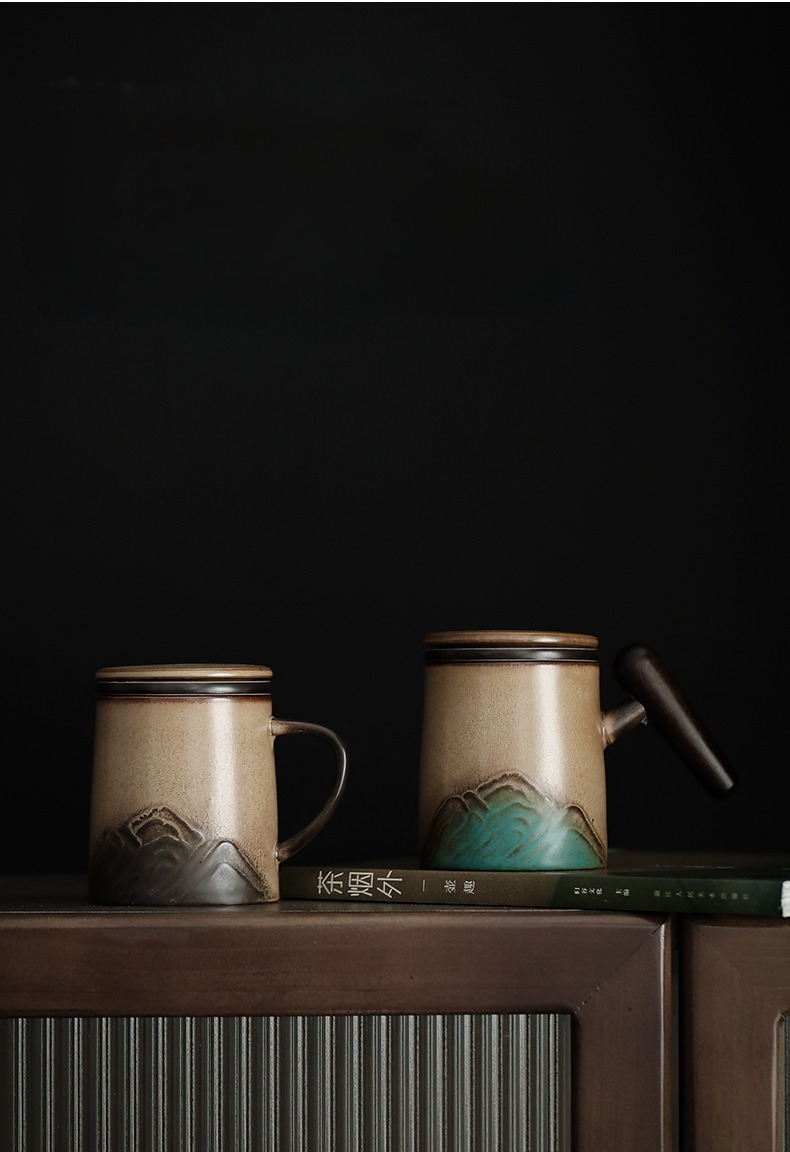 Ceramic Tea Mug with Infuser 260ml, Yellow Stoneware Mountain Pattern