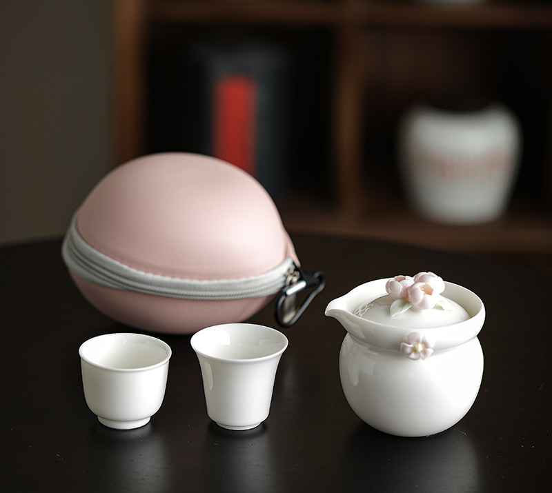 Pink Flower Travel Tea Set with Case, 1 Teapot+2 Cups 140ml