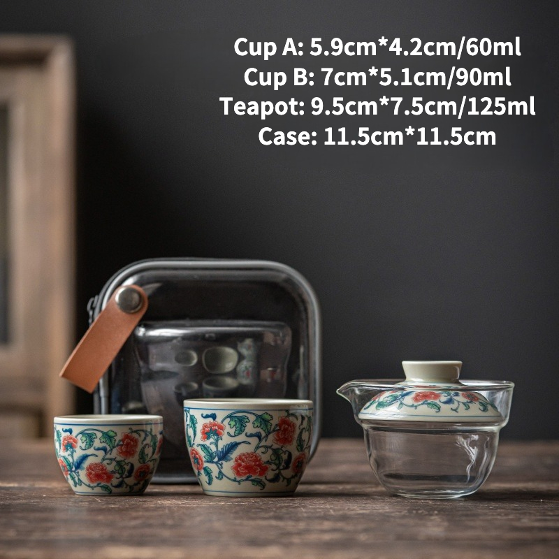 Flower Travel Tea Set, 1 Glass Teapot+2 Ceramic Cups