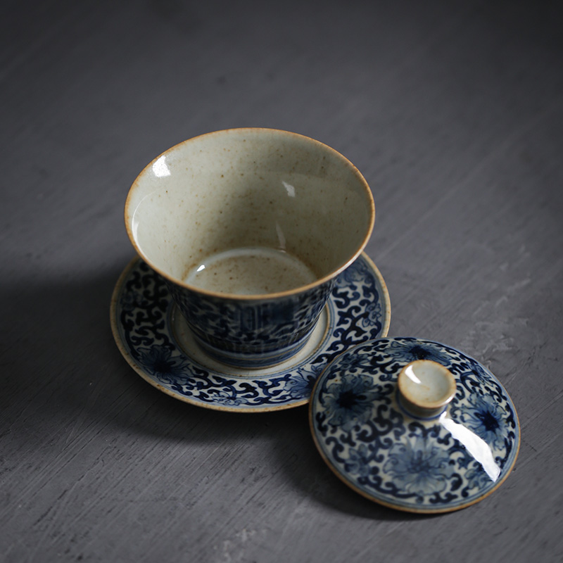 Premium Tea Set of Gaiwan+Saucer, Blue and White Porcelain Aged Clay