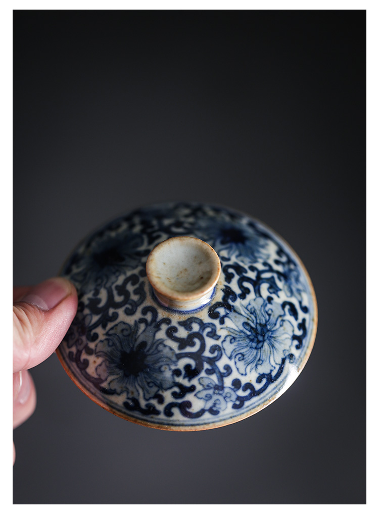 Premium Tea Set of Gaiwan+Saucer, Blue and White Porcelain Aged Clay