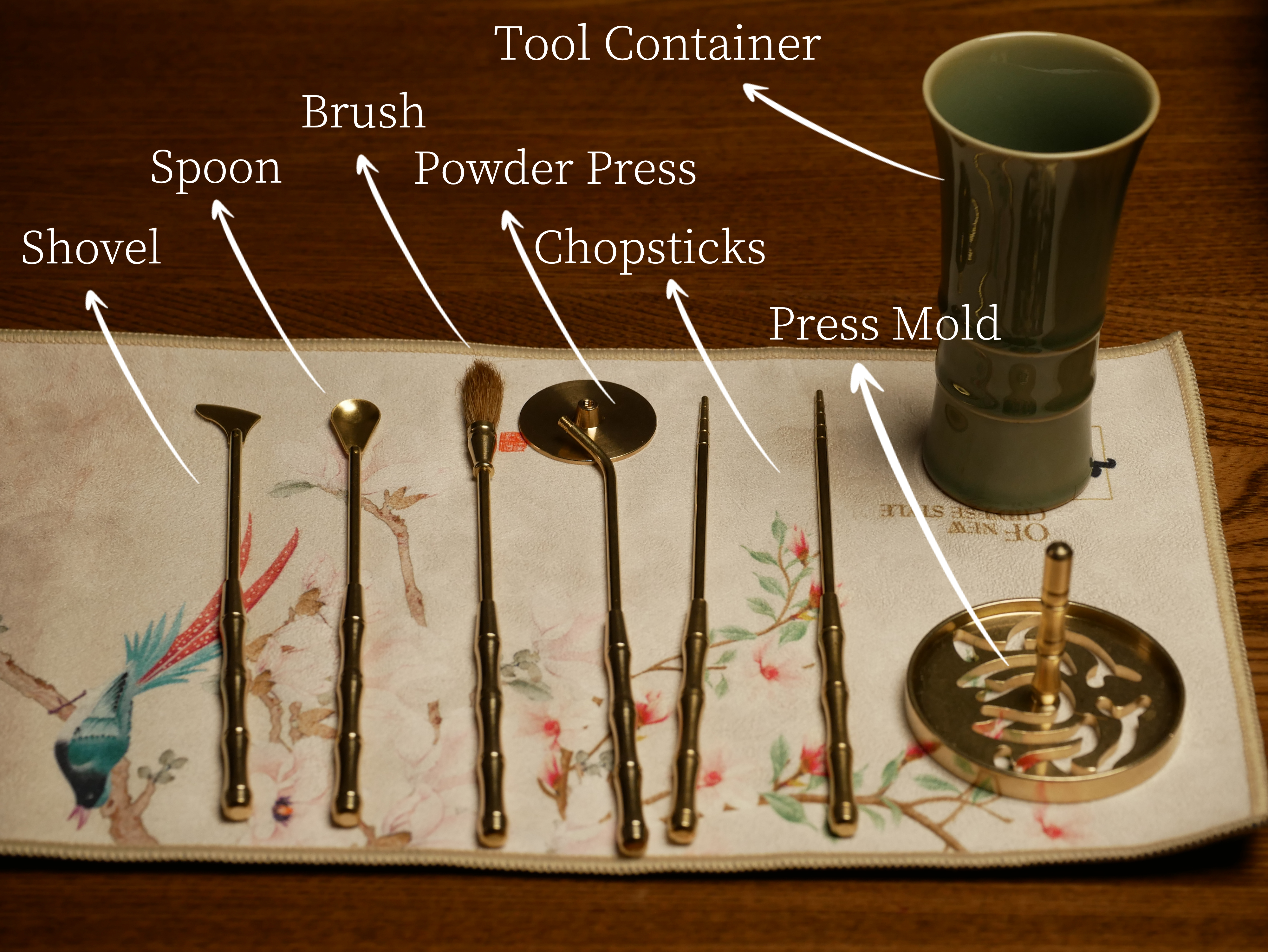 Vintage Style Brass Incense Tool Set with Celadon Ceramic Container, Incense Making Tool Kit