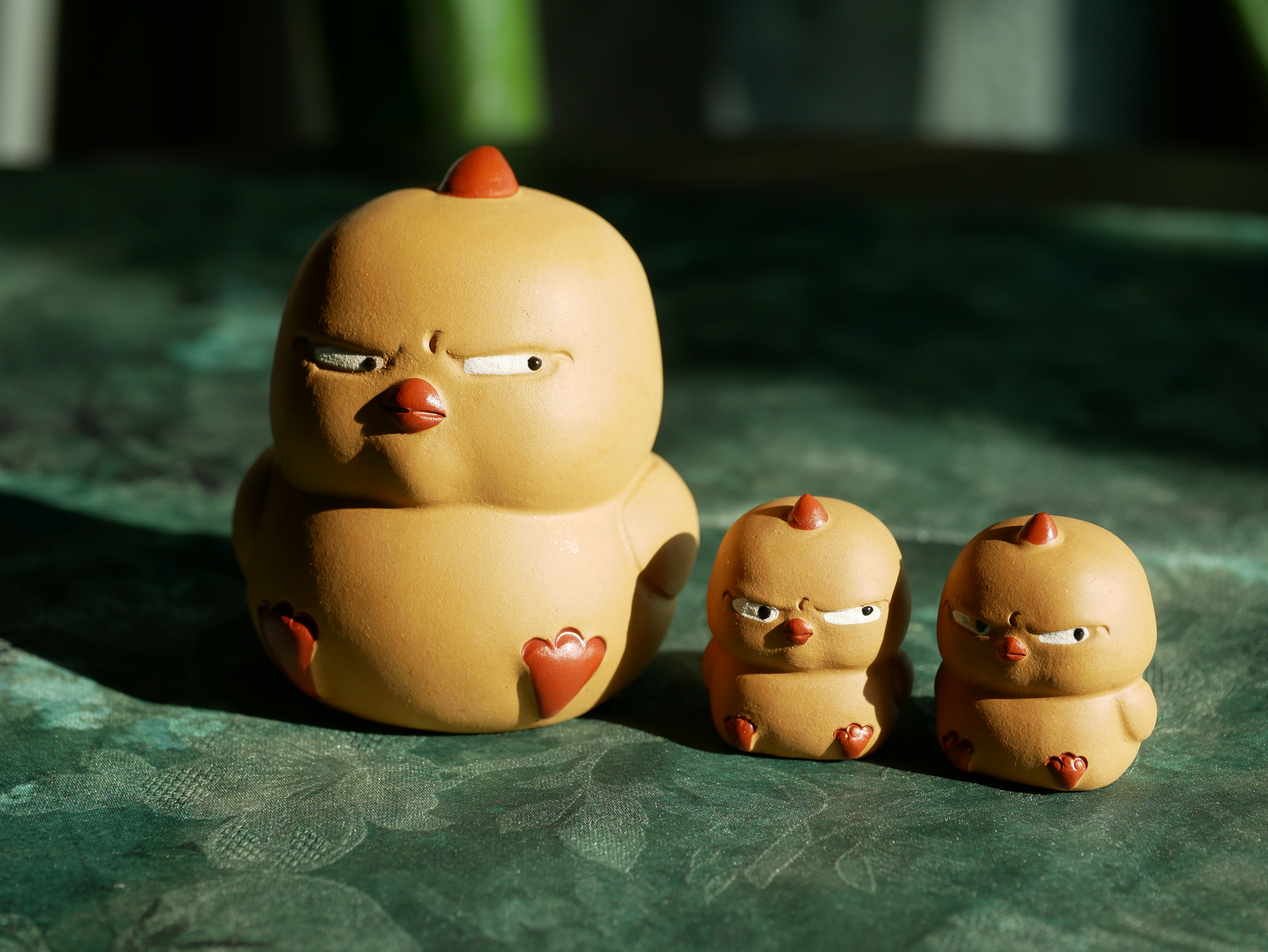  Badass Yellow Chicken Family Figurine, Chinese Tea Pet Made of Yixing Zisha Clay