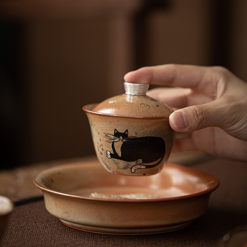 Japanese Shino Ware Style Black Cat Gaiwan 100ml