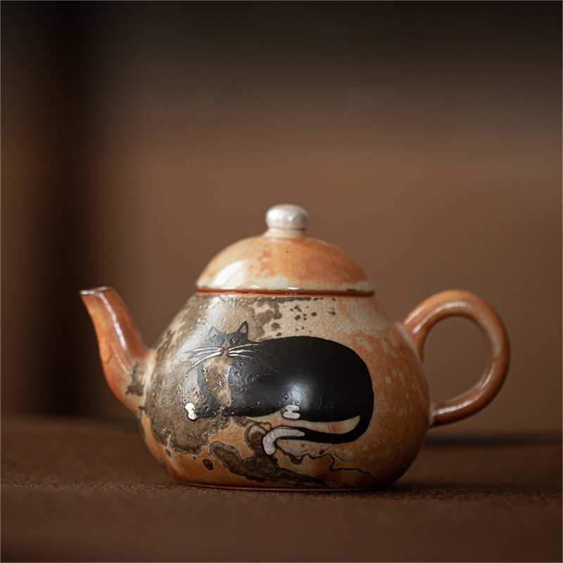 Japanese Shino Ware Style Black Cat Teapot 110ml