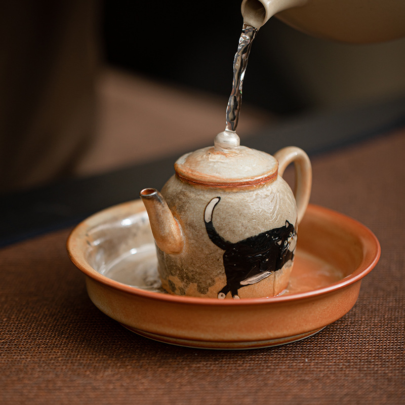 Japanese Shino Ware Style Black Cat Saucer For Teapots