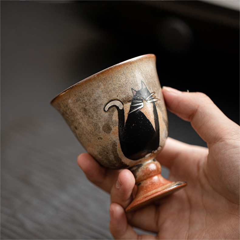Japanese Shino Ware Style Black Cat Tea Cup
