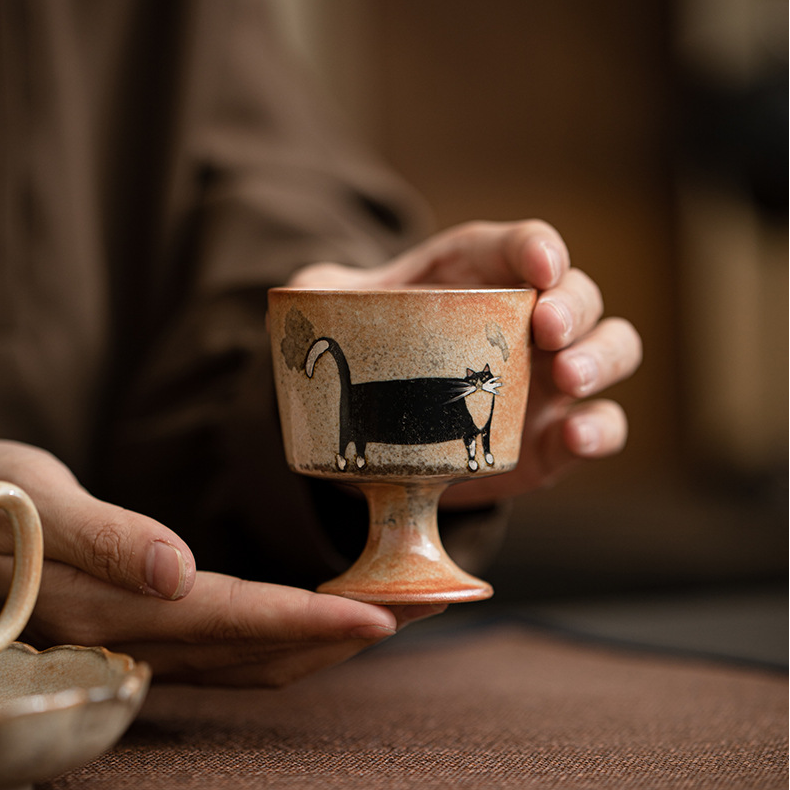 Japanese Shino Ware Style Black Cat Tea Cup