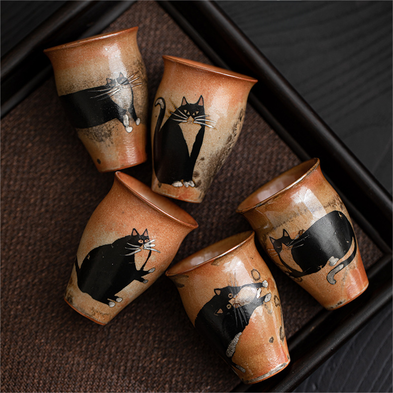 Japanese Shino Ware Style Black Cat Tea Cup 50ml