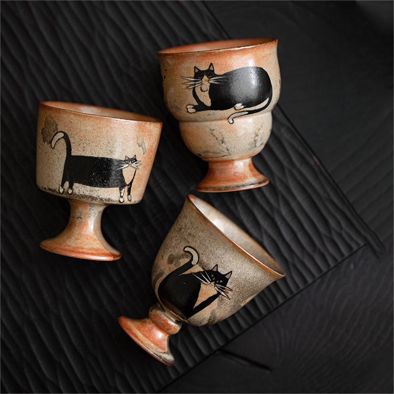 Japanese Shino Ware Style Black Cat Tea Cup