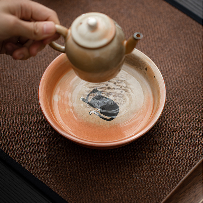 Japanese Shino Ware Style Black Cat Saucer For Teapots