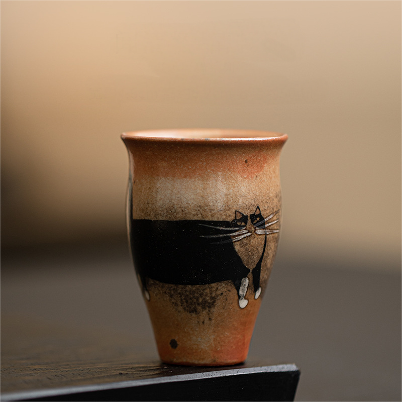 Japanese Shino Ware Style Black Cat Tea Cup 50ml
