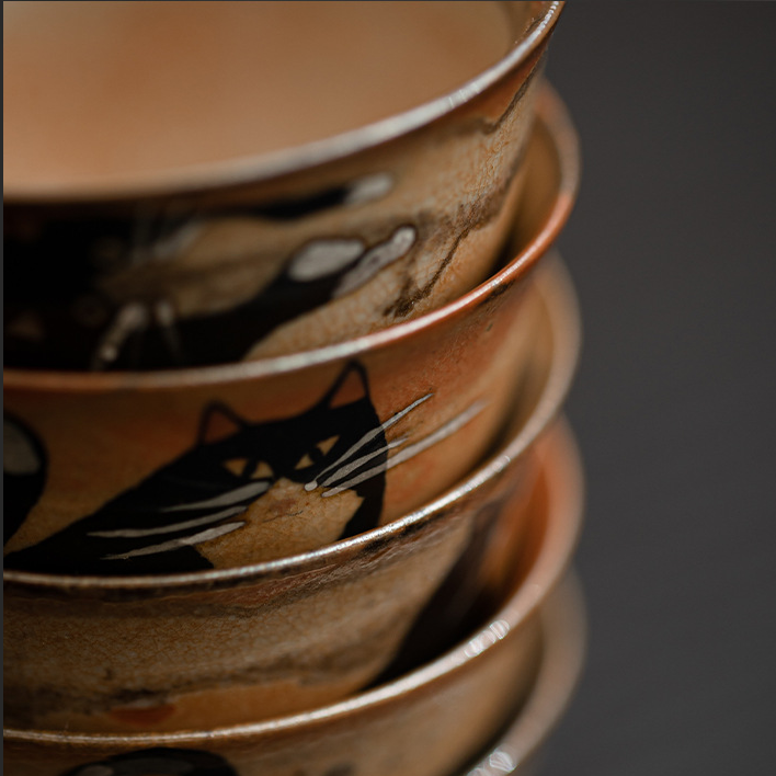 Japnese Shino Ware Style Black Cat Tea Cup 60ml