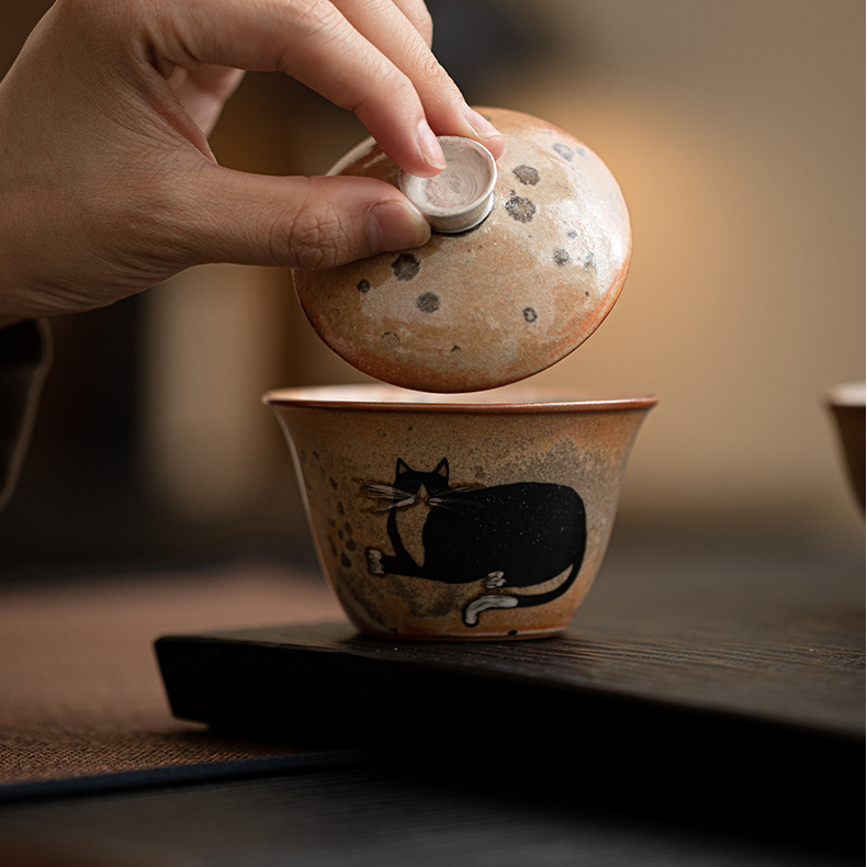 Japanese Shino Ware Style Black Cat Gaiwan 100ml