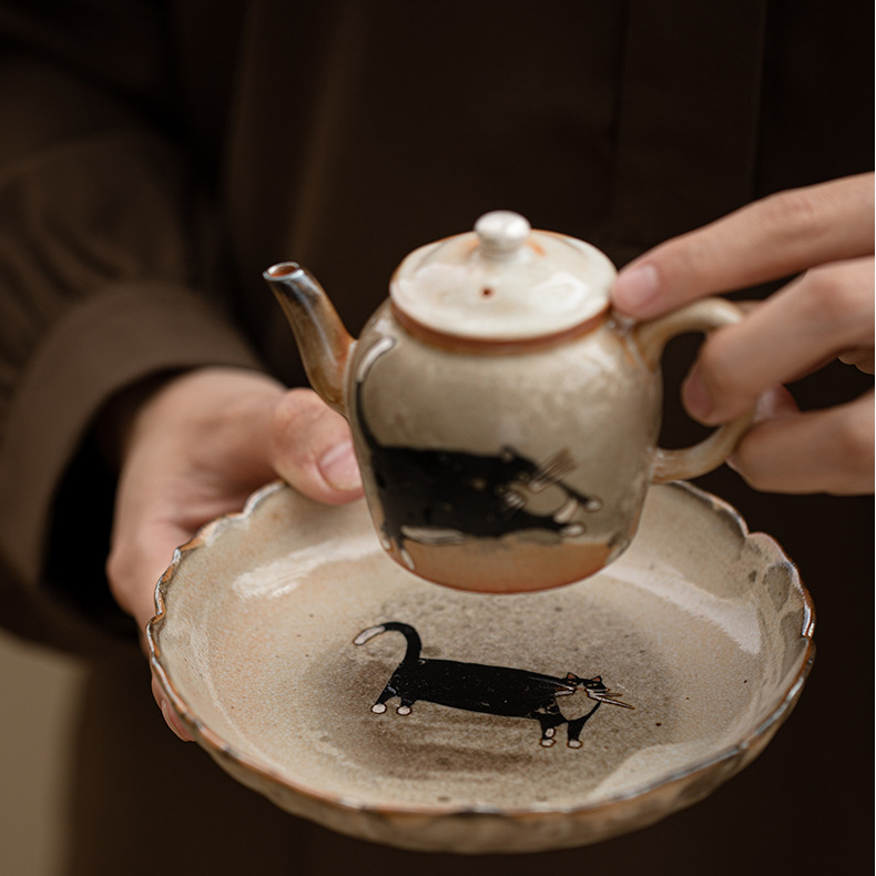 Japanese Shino Ware Style Black Cat Saucer For Teapots