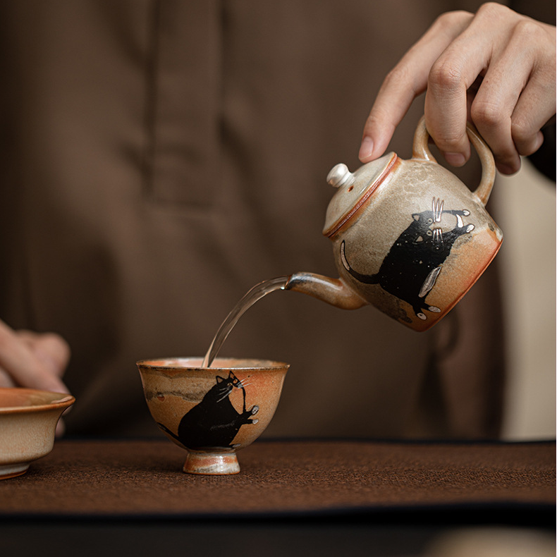 Japnese Shino Ware Style Black Cat Teapot 100ml