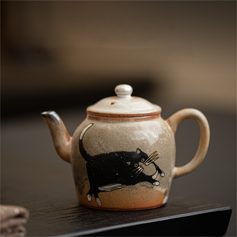 Japnese Shino Ware Style Black Cat Teapot 100ml