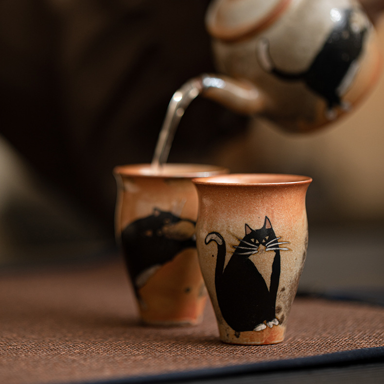 Japanese Shino Ware Style Black Cat Tea Cup 50ml