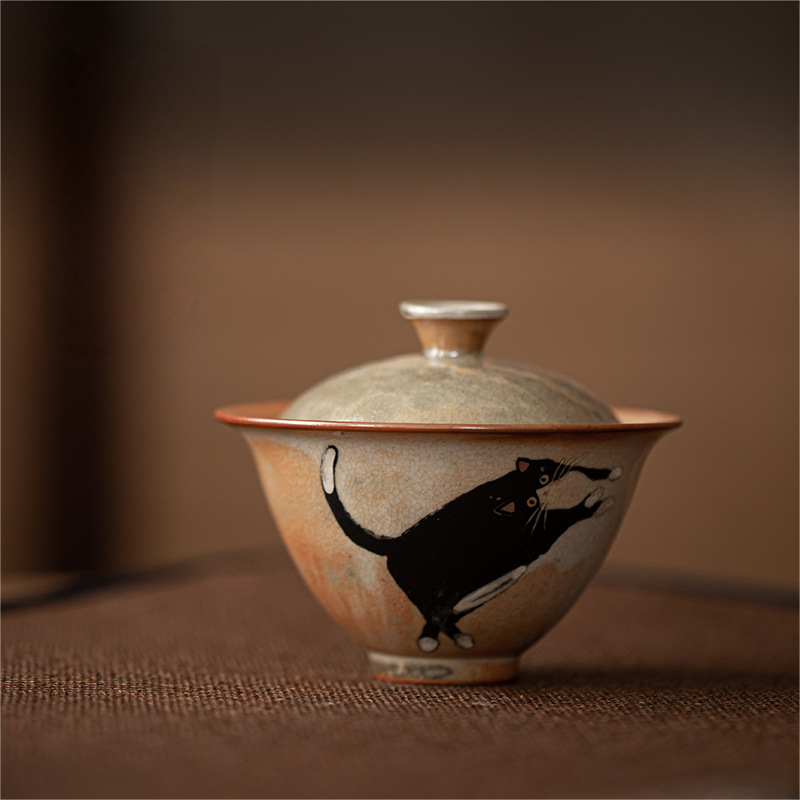 Japanese Shino Ware Style Black Cat Gaiwan 130ml