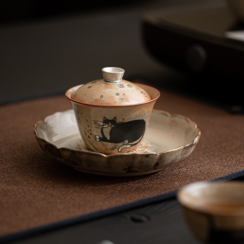 Japanese Shino Ware Style Black Cat Gaiwan 100ml