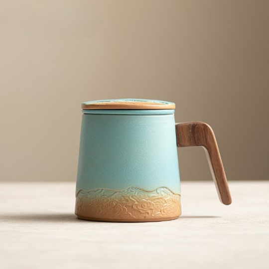 Sky Gradient Tea Mug With Infuser 360ml, Engraved Cloud Pattern, 4 Colors Optional