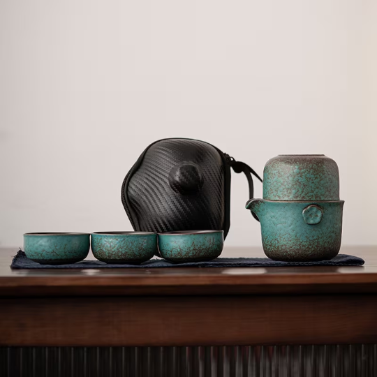 Bronze Green Ceramic Travel Tea Set, 1 Teapot+4 Cups