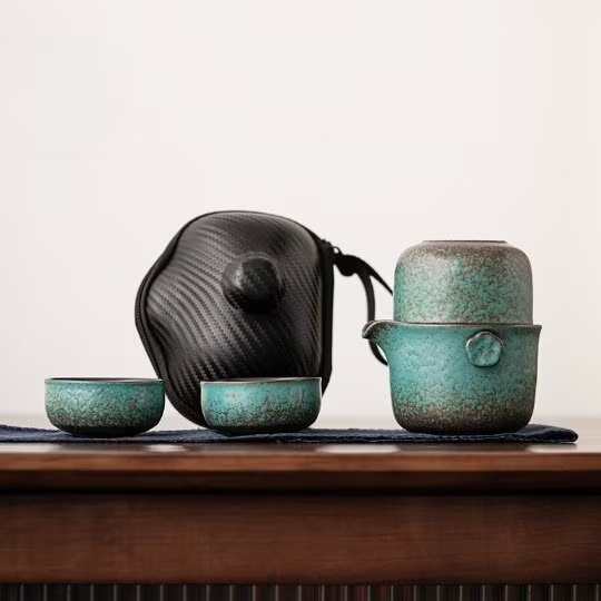 Bronze Green Ceramic Travel Tea Set, 1 Teapot+4 Cups