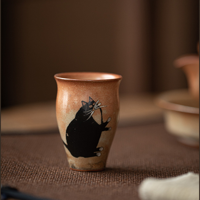 Japanese Shino Ware Style Black Cat Tea Cup 50ml