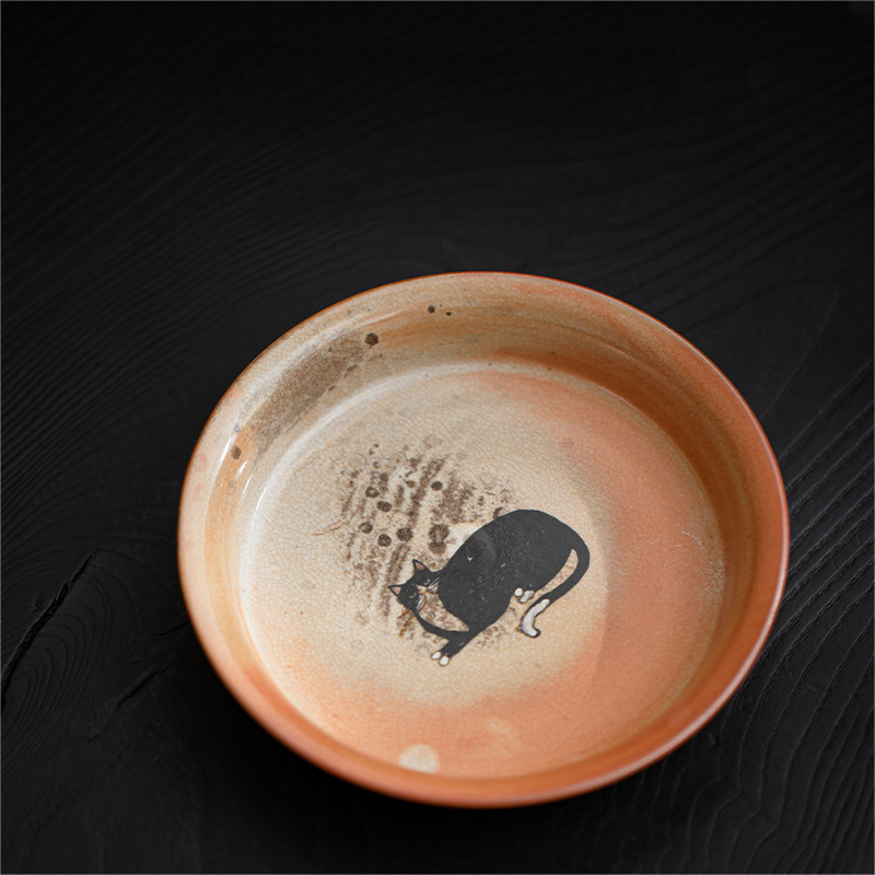 Japanese Shino Ware Style Black Cat Saucer For Teapots