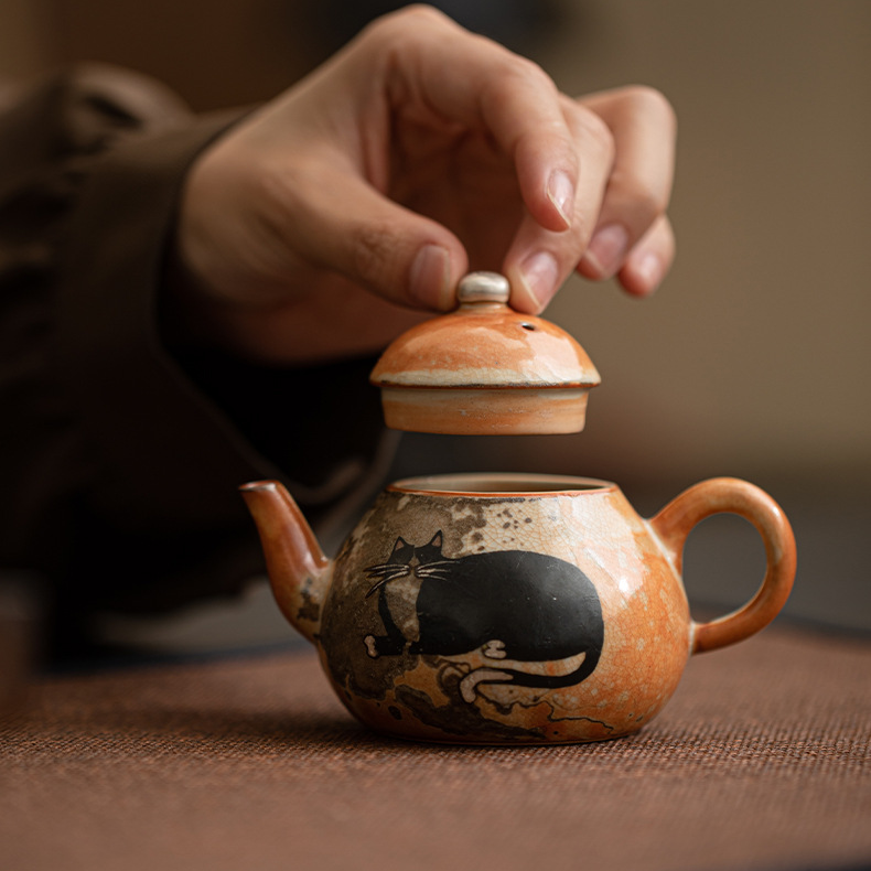 Japanese Shino Ware Style Black Cat Teapot 110ml