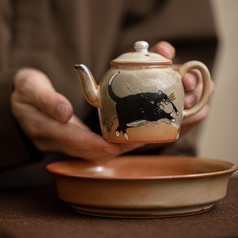 Japnese Shino Ware Style Black Cat Teapot 100ml