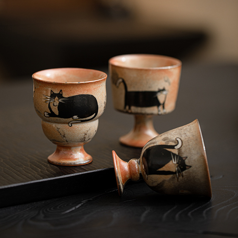 Japanese Shino Ware Style Black Cat Tea Cup