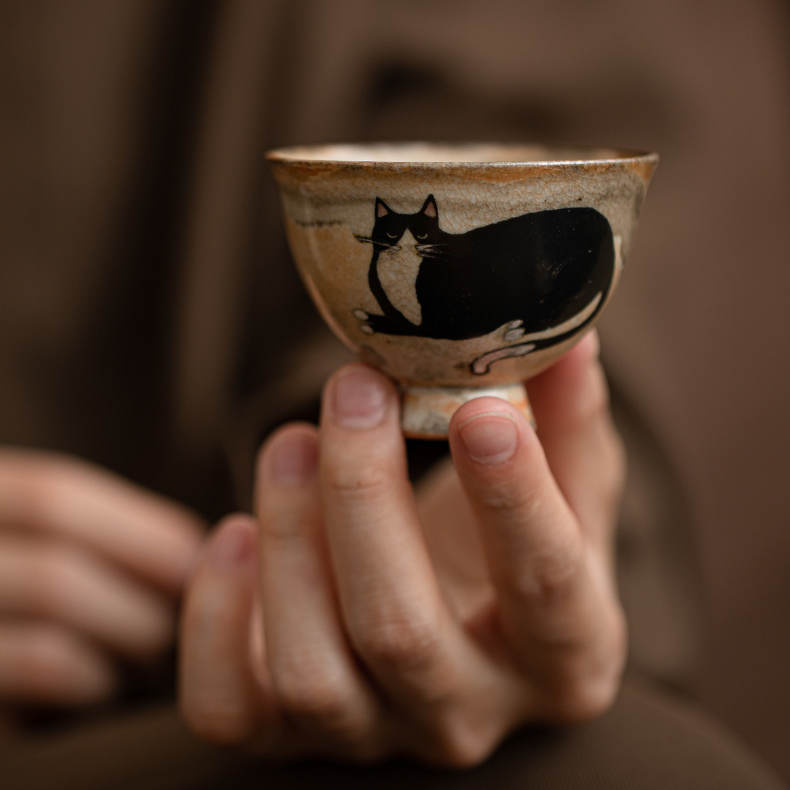 Japnese Shino Ware Style Black Cat Tea Cup 60ml