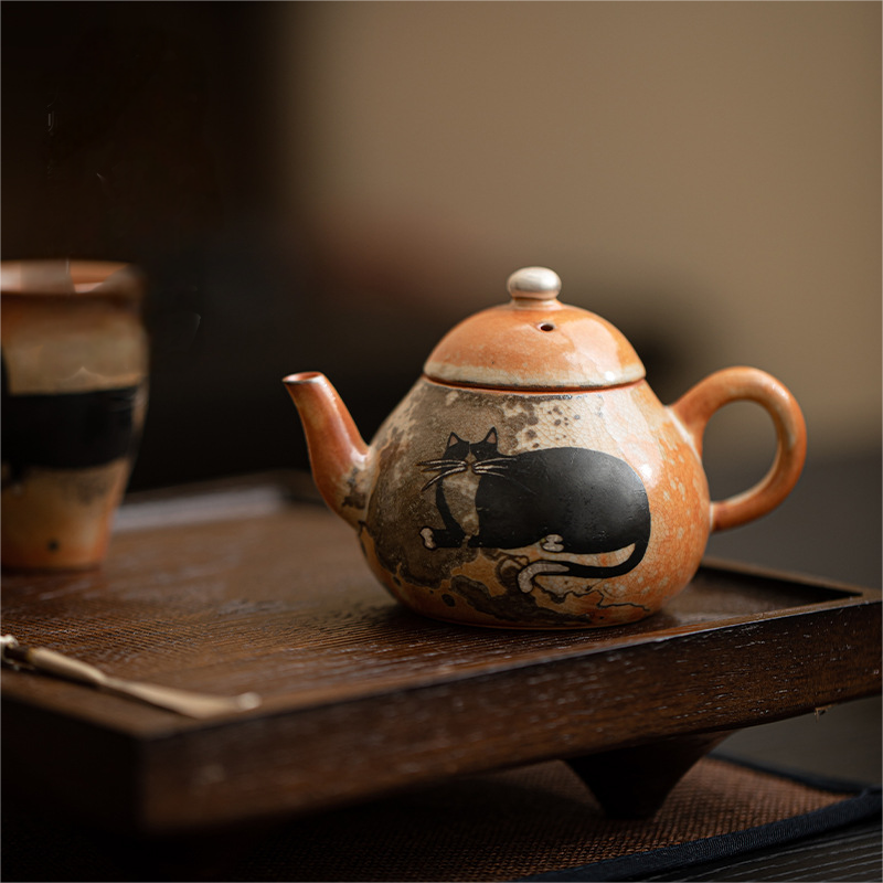 Japanese Shino Ware Style Black Cat Teapot 110ml